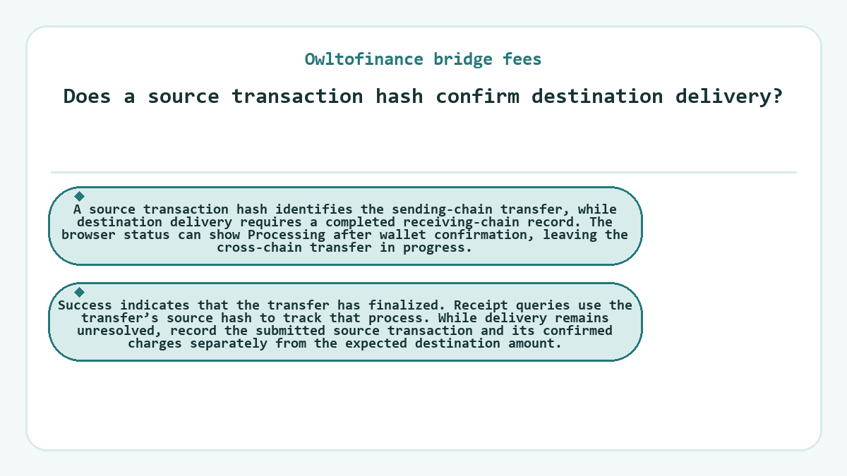 Owltofinance bridge fees - Does a source transaction hash confirm destination delivery? - diagram