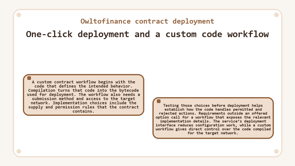 Illustration: One-click deployment and a custom code workflow (Owltofinance contract deployment)